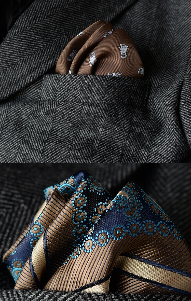 2025 Luxury Formal Pocket Square Navy Striped Floral Silk Handkerchief 24cm Brown Color Hanky Wedding Banquet Accessories Cravat