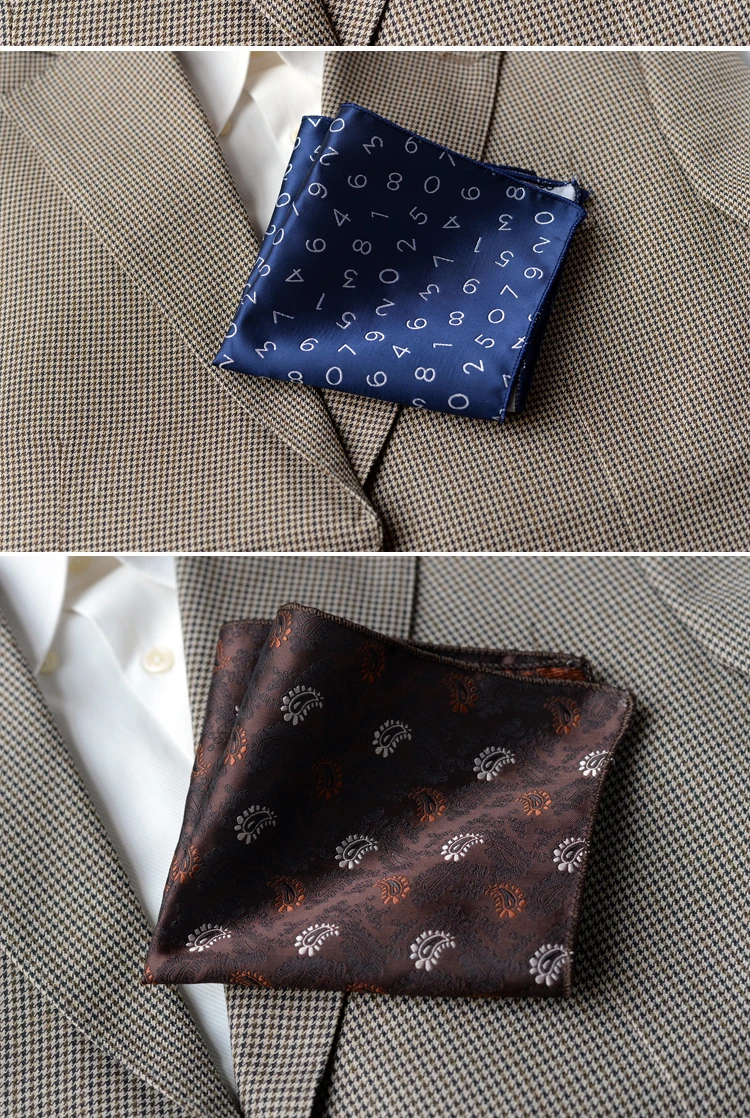 2025 Luxury Formal Pocket Square Navy Striped Floral Silk Handkerchief 24cm Brown Color Hanky Wedding Banquet Accessories Cravat