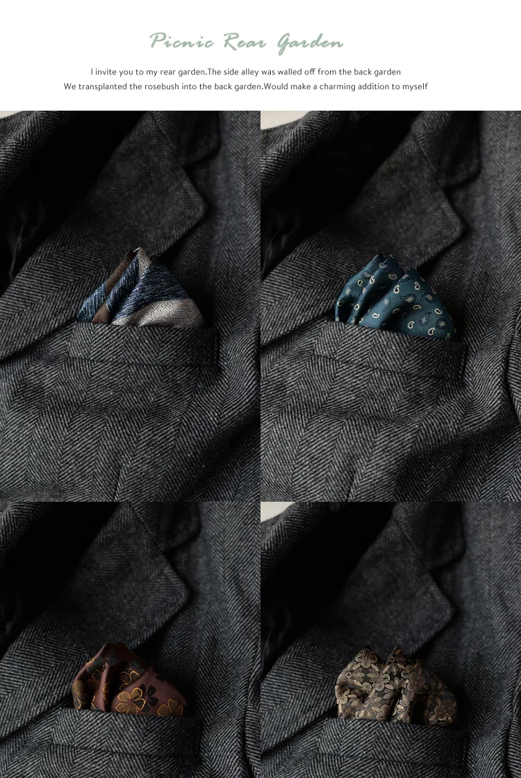 2025 Luxury Formal Pocket Square Navy Striped Floral Silk Handkerchief 24cm Brown Color Hanky Wedding Banquet Accessories Cravat