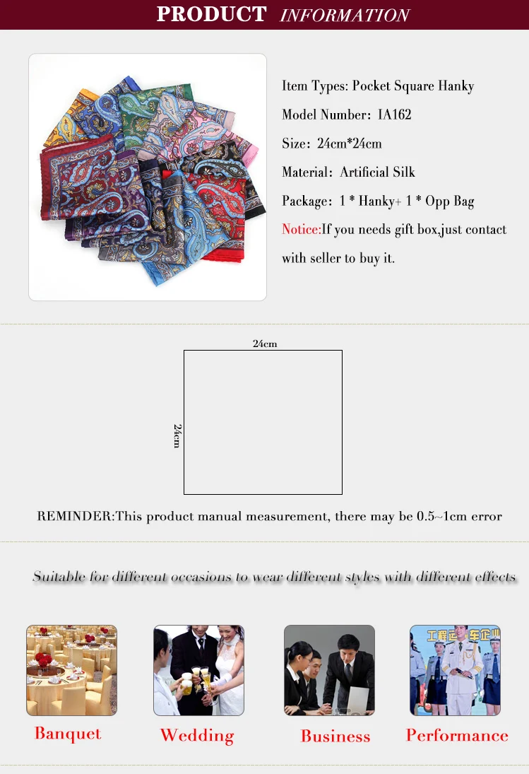Brand New Men's Handkerchief Vintage Paisley Pocket Square Soft Hankies Wedding Party Business Artificial Silk Chest Towel Gift