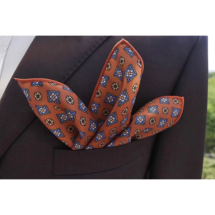 2025 New Floral Printed Pocket Square For Men Formal Silky Soft Handkerchief Wedding Suit Accessories Fashion Brown Yellow Hanky