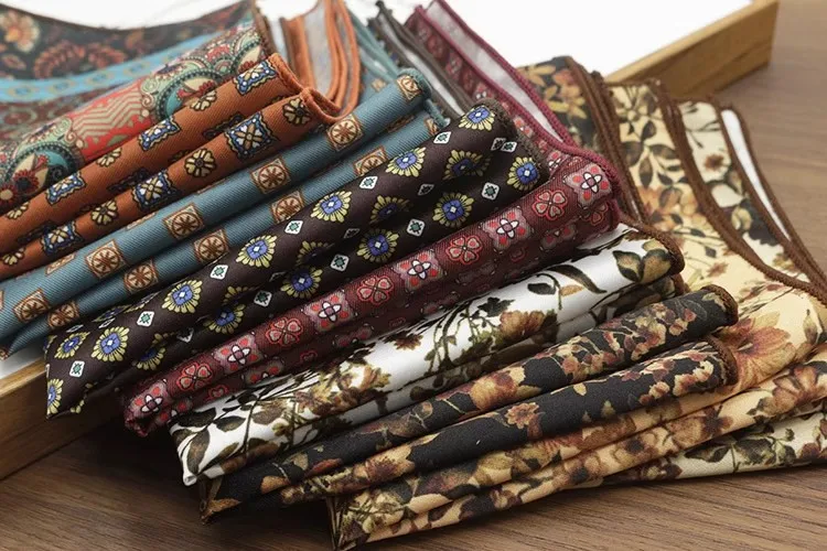 2025 New Floral Printed Pocket Square For Men Formal Silky Soft Handkerchief Wedding Suit Accessories Fashion Brown Yellow Hanky