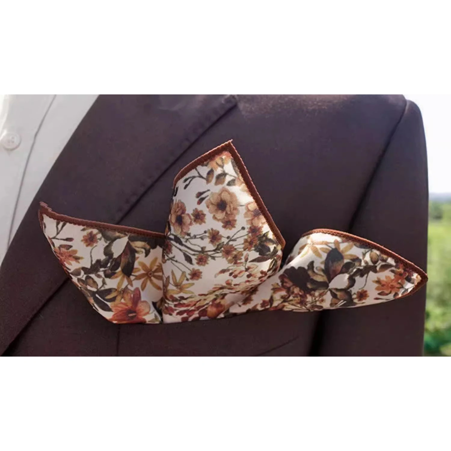 2025 New Floral Printed Pocket Square For Men Formal Silky Soft Handkerchief Wedding Suit Accessories Fashion Brown Yellow Hanky