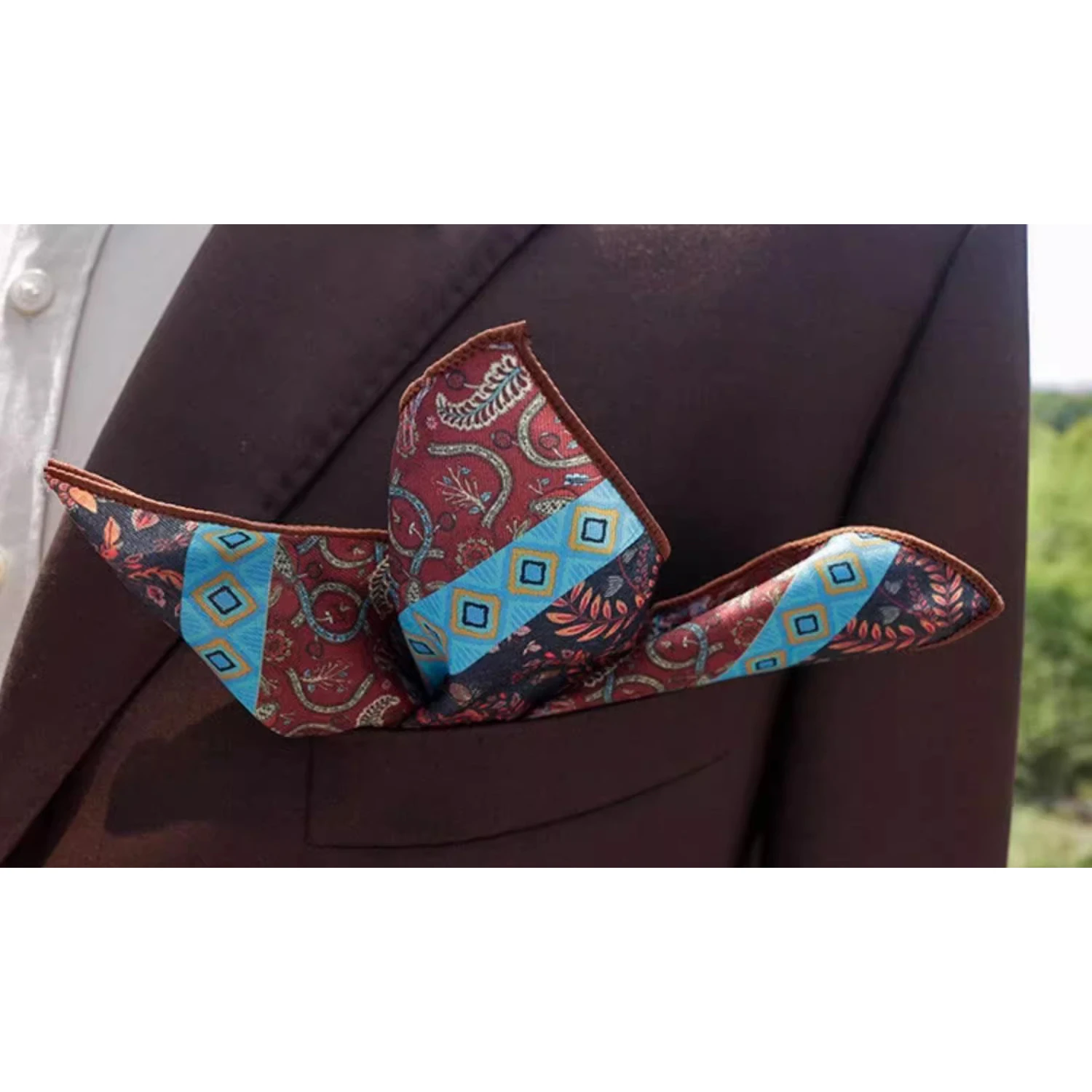 2025 New Floral Printed Pocket Square For Men Formal Silky Soft Handkerchief Wedding Suit Accessories Fashion Brown Yellow Hanky