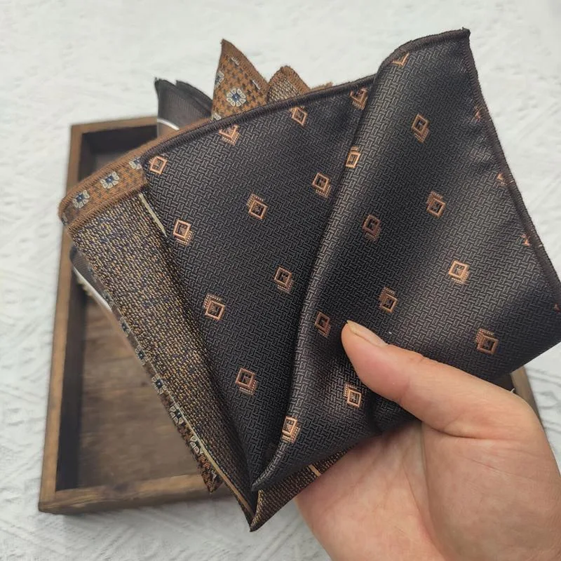 23cm Men's Brown Pocket Square Coffee Color Paisley Striped Handkerchief Suit Formal Dress Accessories Wedding Party Gift Hanky