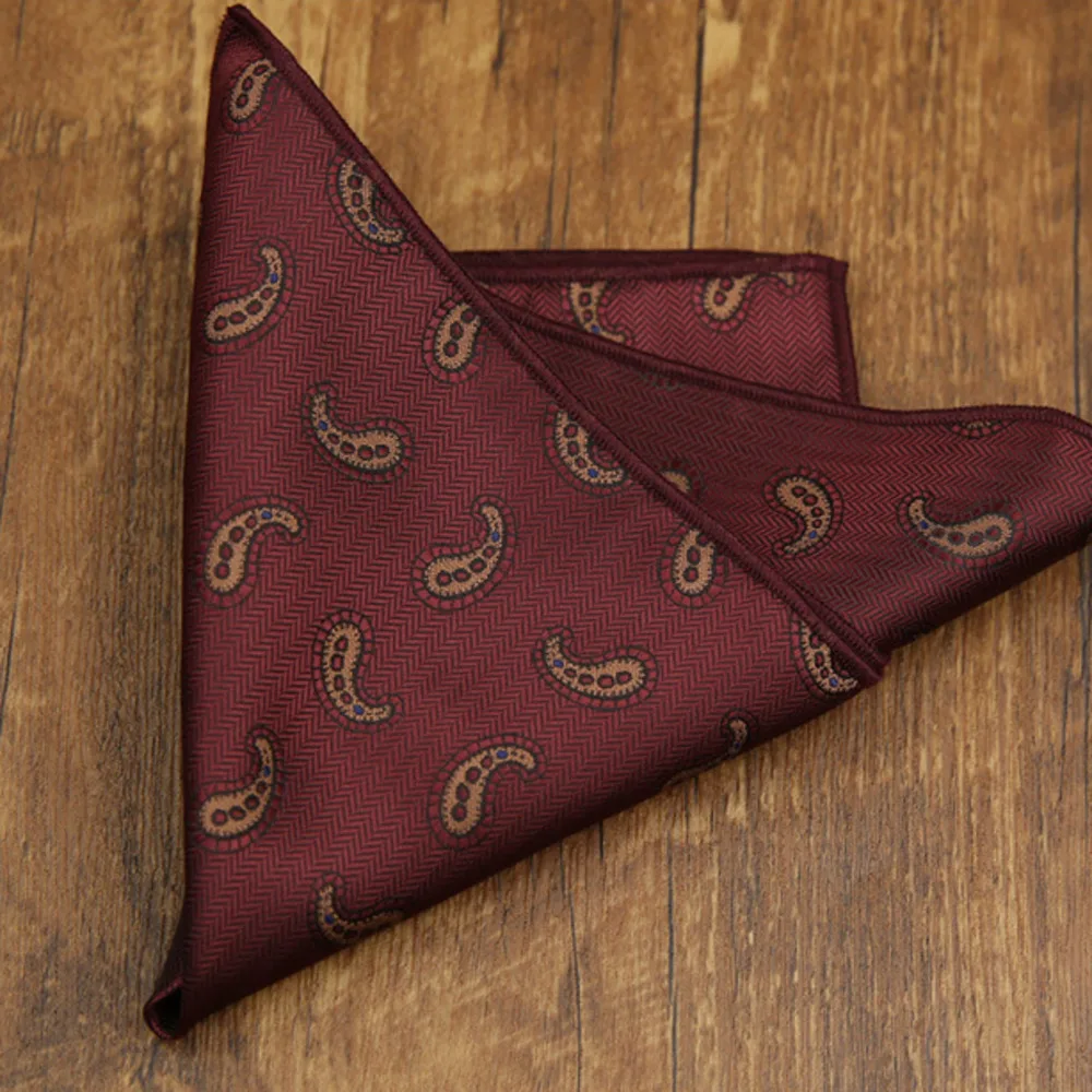 2026 Fashion Mens 23cm Pocket Square Luxury Polyester Handkerchief Colorful Brown Paisley Hanky Wedding Groom Suits Accessories