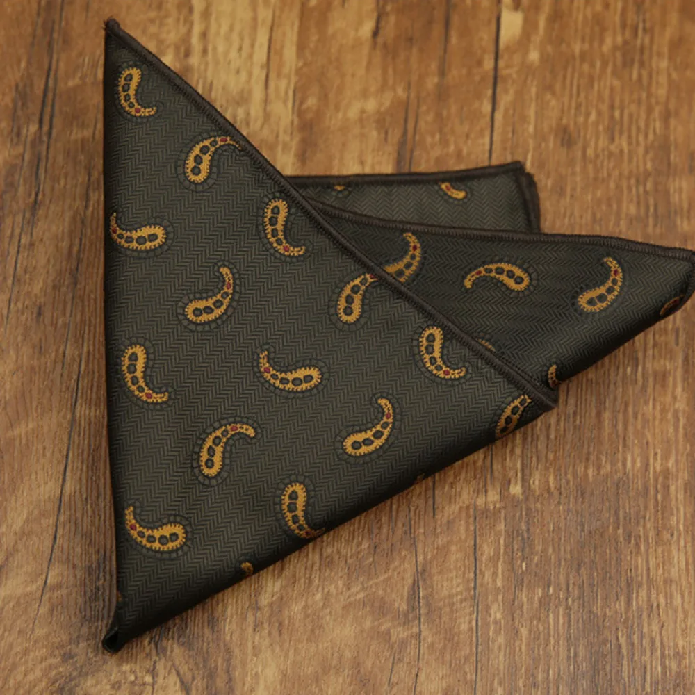 2026 Fashion Mens 23cm Pocket Square Luxury Polyester Handkerchief Colorful Brown Paisley Hanky Wedding Groom Suits Accessories