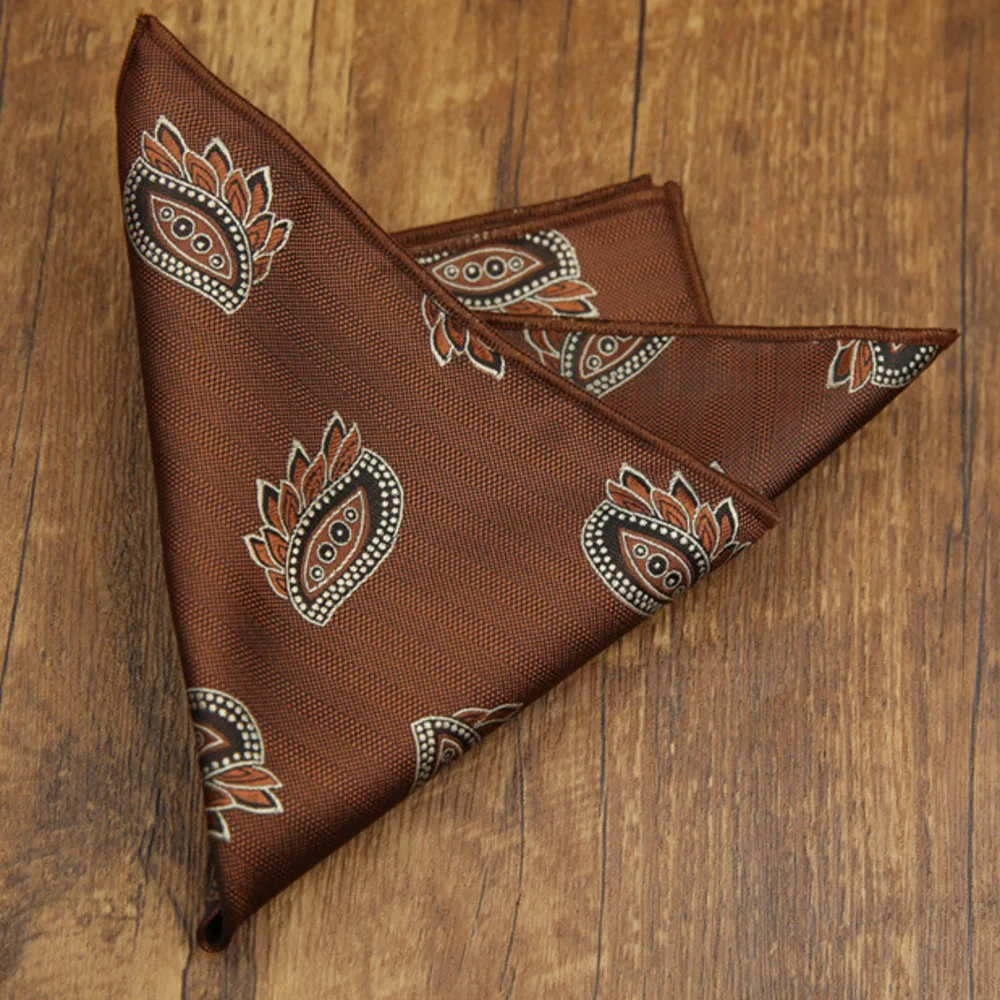 2026 Fashion Mens 23cm Pocket Square Luxury Polyester Handkerchief Colorful Brown Paisley Hanky Wedding Groom Suits Accessories