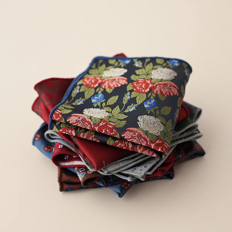 23cm New Design Mens Green Brown Pocket Square Floral Polyester Soft Handkerchief Wedding Party Tuxedo Accessories Cravat Hanky
