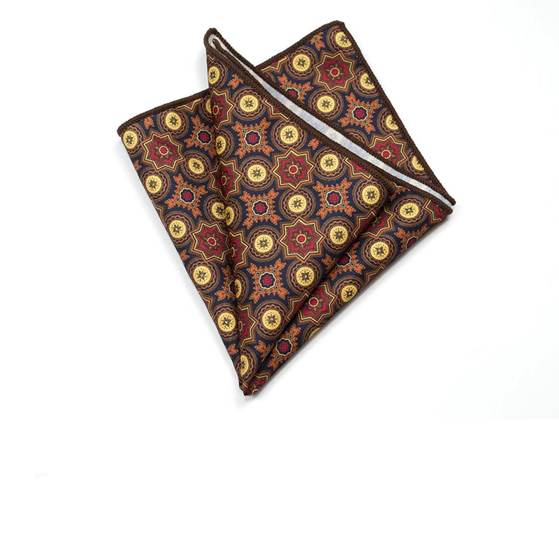 27cm Retro British Style Brown Pocket Square Animal Flower Printed Polyester Handkerchief For Men Towel Formal Suit Tuxedo Hanky