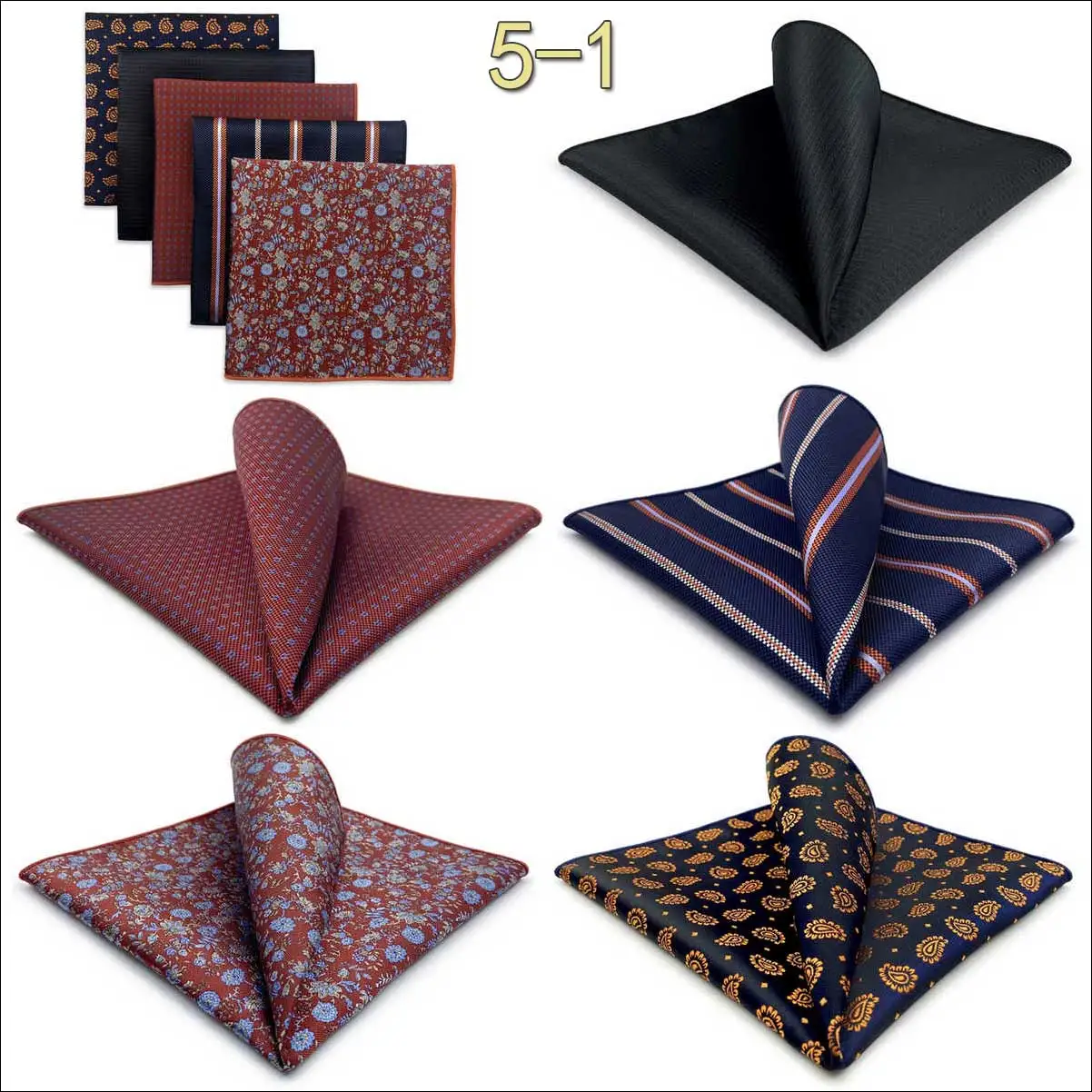 5 Pieces Mens Pocket Squares Set Party Wedding Gift Handkerchief Fashion Formal Bundle Hanky Luxury Unique