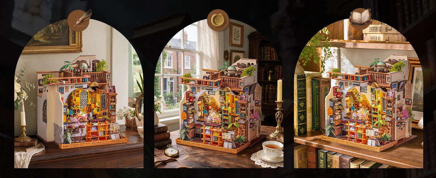 Rolife Wooden Dollhouse 3D Puzzle Pagestory Bookstore DIY Miniature House Craft Kit Kit with LED Light for Bookshelf Decor Brain Teasers Jigsaw Toys Holiday Gift for Book Lovers