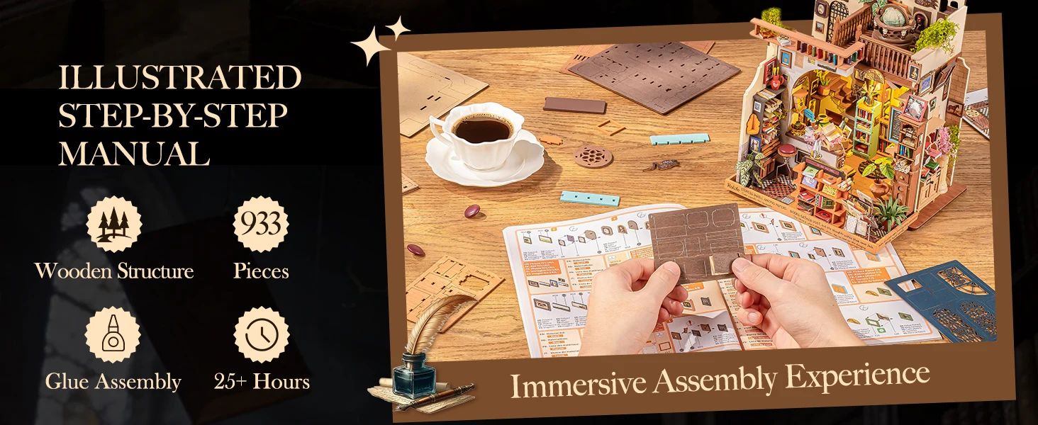 Rolife Wooden Dollhouse 3D Puzzle Pagestory Bookstore DIY Miniature House Craft Kit Kit with LED Light for Bookshelf Decor Brain Teasers Jigsaw Toys Holiday Gift for Book Lovers