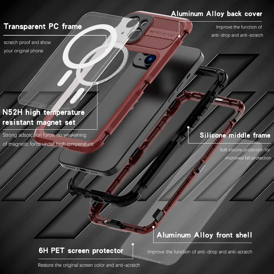 IP68 Waterproof Metal Phone Case For iPhone 16 15 14 Plus 14 Pro Max Diving Swim Full Protect Cover MagSafe Wireless Charging
