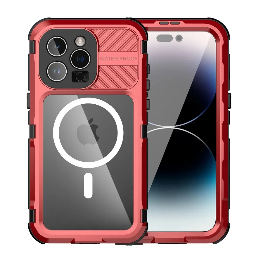 IP68 Waterproof Metal Phone Case For iPhone 16 15 14 Plus 14 Pro Max Diving Swim Full Protect Cover MagSafe Wireless Charging