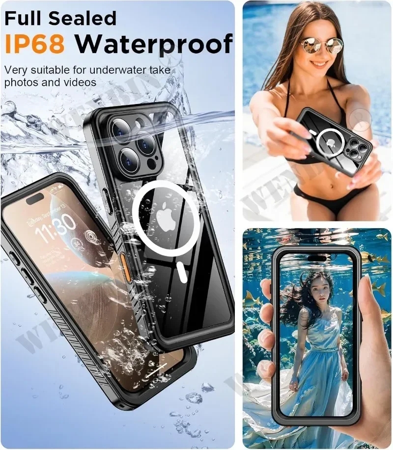 IP68 Waterproof Case For iPhone 18 17 16 Pro Max Plus Full Body Protective Cover Swim Underwater Diving Magsafe Magnetic Fundas