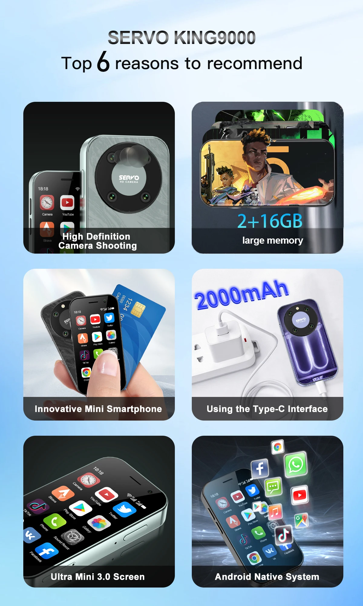 SERVO KING9000 4G LTE Mini Smartphone Android 16GB ROM Dual SIM Face Unlock Camera WiFi Play Store 3.0" Pocket Small Cellphone