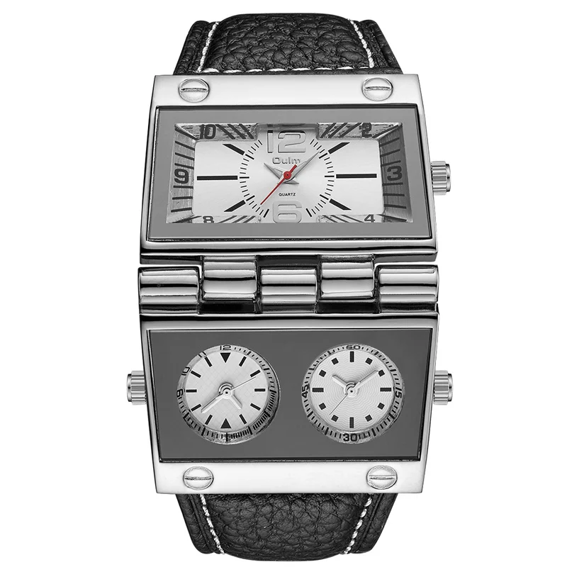OULM 9525 Big Unique Design Male Watch Three Time Zone Unique Men's Military Watches Punk Style Leather Strap Wristwatch