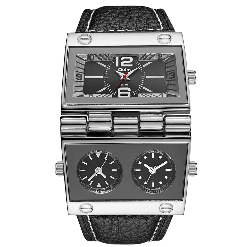 OULM 9525 Big Unique Design Male Watch Three Time Zone Unique Men's Military Watches Punk Style Leather Strap Wristwatch