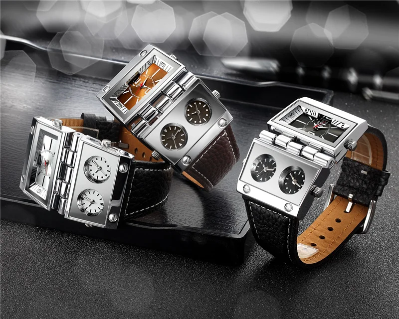 OULM 9525 Big Unique Design Male Watch Three Time Zone Unique Men's Military Watches Punk Style Leather Strap Wristwatch