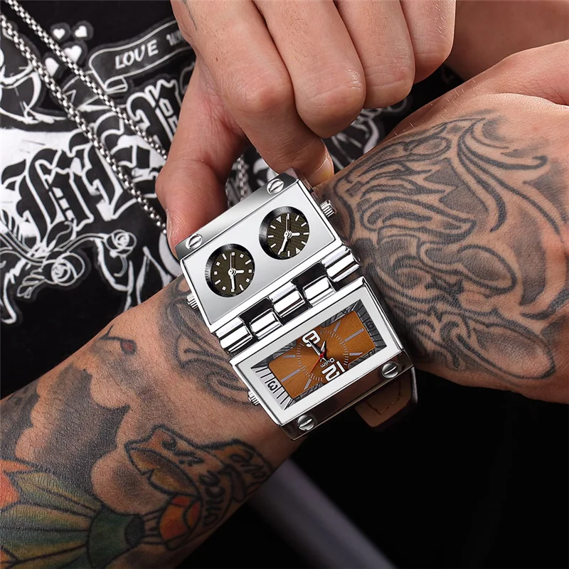 OULM 9525 Big Unique Design Male Watch Three Time Zone Unique Men's Military Watches Punk Style Leather Strap Wristwatch