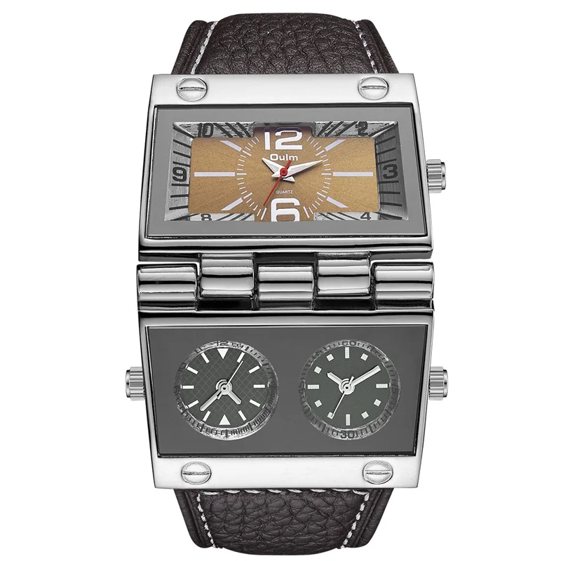 OULM 9525 Big Unique Design Male Watch Three Time Zone Unique Men's Military Watches Punk Style Leather Strap Wristwatch
