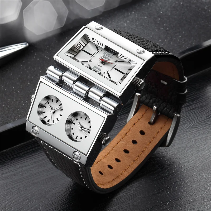 OULM 9525 Big Unique Design Male Watch Three Time Zone Unique Men's Military Watches Punk Style Leather Strap Wristwatch