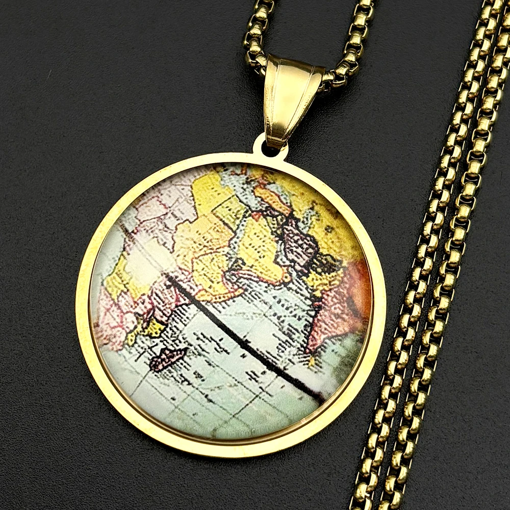 Vintage World Map Pendant Necklace For Women Men Stainless Steel Gold Color Window Travel Explorer Fashion Chain Jewelry Gifts