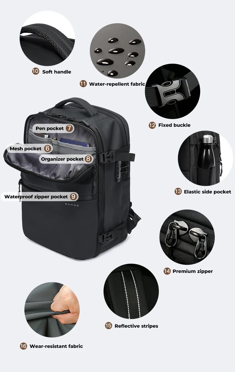 BANGE Anti-Theft Cabin Bag Wet And Dry Separation Travel Backpack for Men Women Hand Luggage 15.6 inch Laptop Backpacks for Male