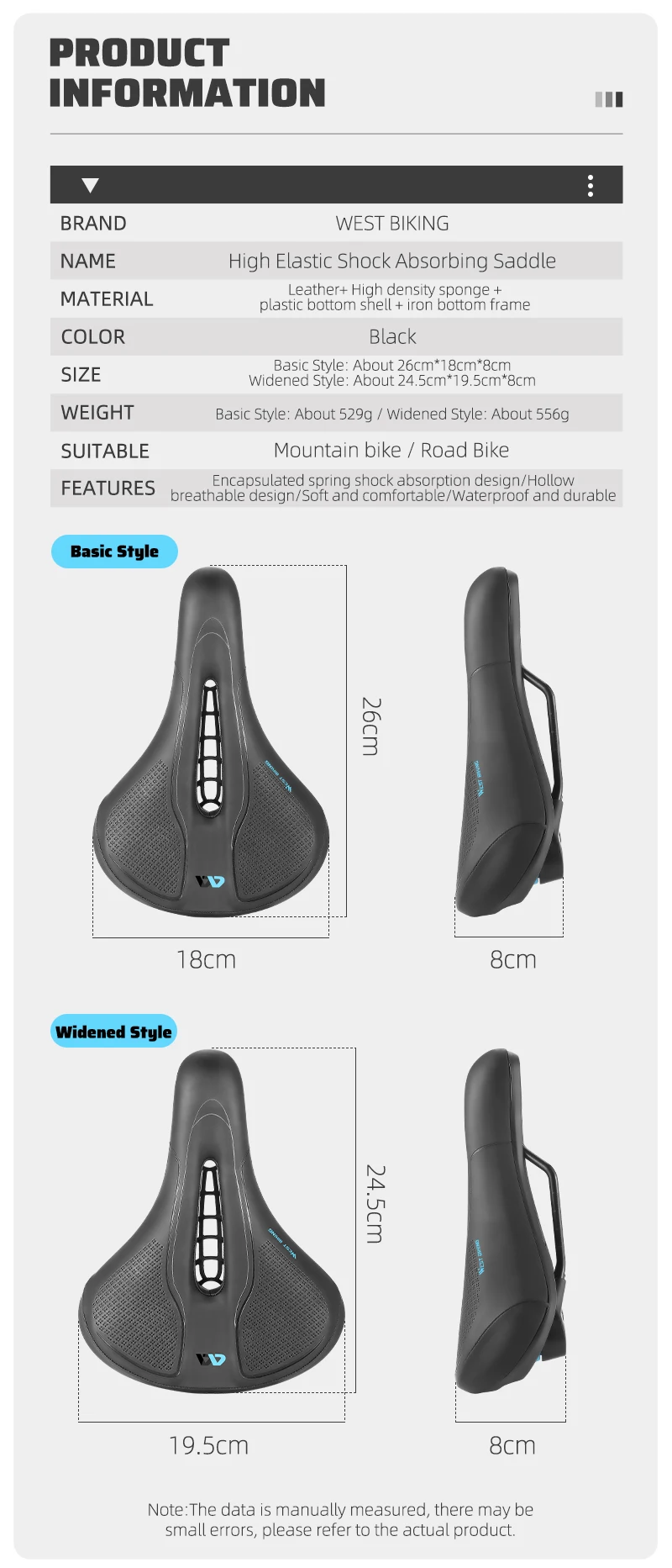 WEST BIKING Thickened Bike Saddle Dual Shock Balls Comfort Hollow Non-Slip Soft Cushion For MTB Road Bike Cycling Accessories
