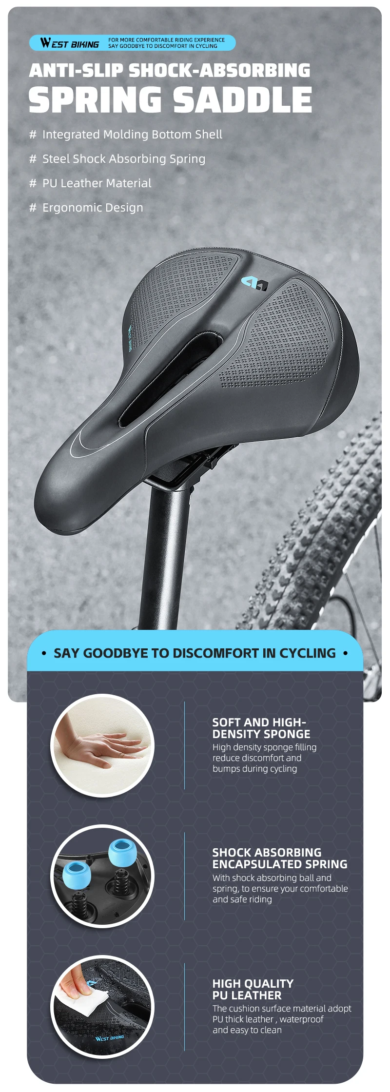 WEST BIKING Thickened Bike Saddle Dual Shock Balls Comfort Hollow Non-Slip Soft Cushion For MTB Road Bike Cycling Accessories