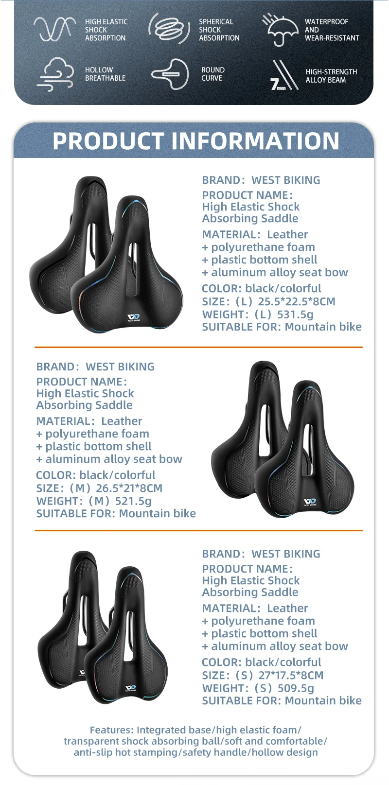 WEST BIKING Thickened Bike Saddle Dual Shock Balls Comfort Hollow Non-Slip Soft Cushion For MTB Road Bike Cycling Accessories