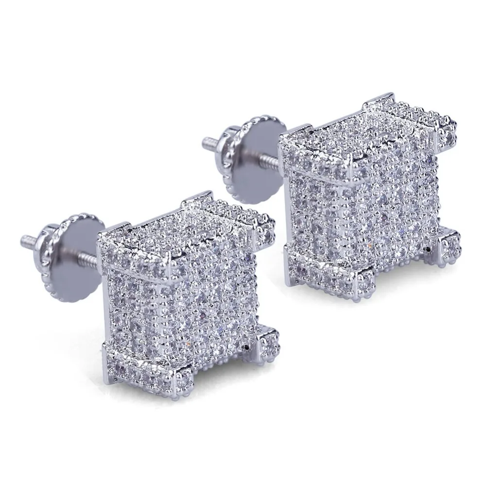 TOPGRILLZ Gold/Silver Color All Iced Out Micro Pave CZ Stone Square Stud Earring Hip Hop Rock Jewelry Earrings For Women Men