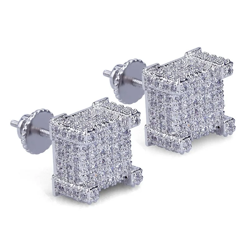 TOPGRILLZ Gold/Silver Color All Iced Out Micro Pave CZ Stone Square Stud Earring Hip Hop Rock Jewelry Earrings For Women Men