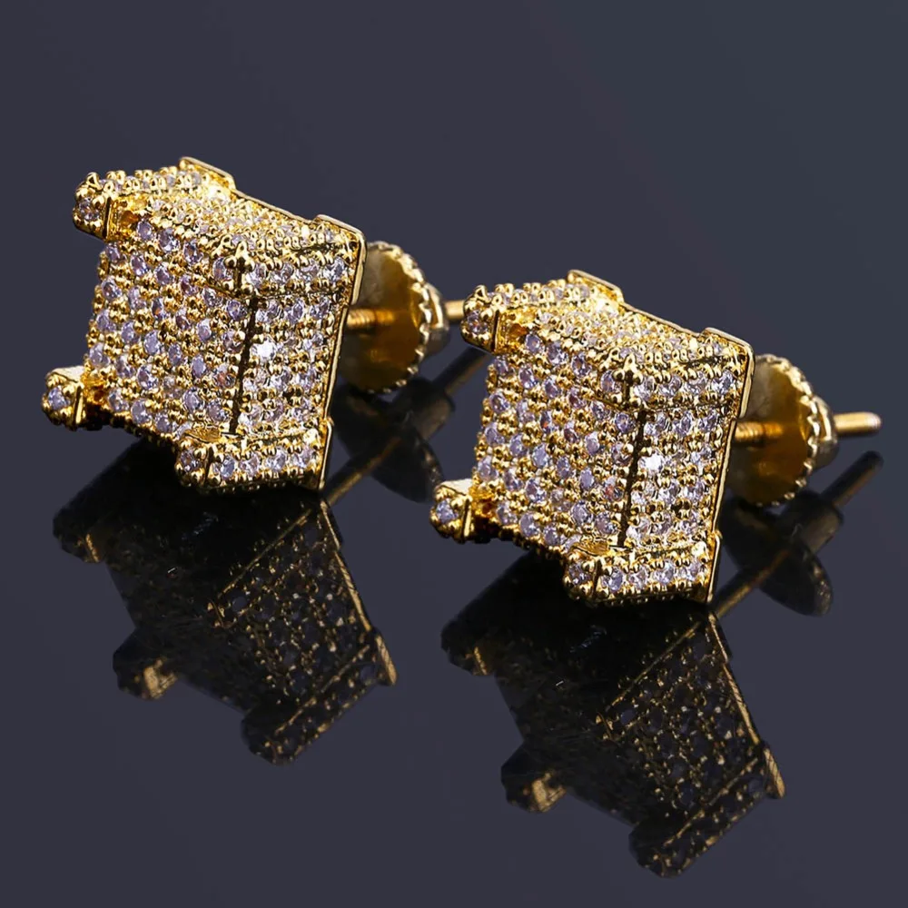 TOPGRILLZ Gold/Silver Color All Iced Out Micro Pave CZ Stone Square Stud Earring Hip Hop Rock Jewelry Earrings For Women Men