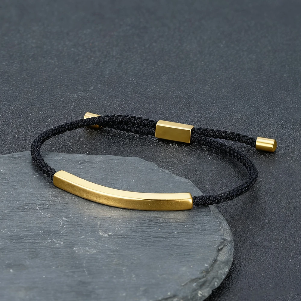 Custom Engraved Logo Name SOS Number Bracelet Gold Color Stainless Steel Bracelet for Men Women Adjustable Braided Rope Jewelry