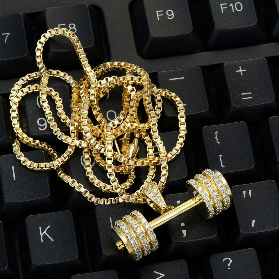 VANAXIN Iced Out Barbell Dumbbell Pendant Men's Hip Hop Fitness Bodybuilding Necklace Women's Gym Casual Sports Jewelry