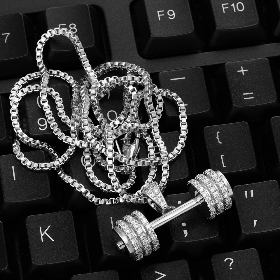 VANAXIN Iced Out Barbell Dumbbell Pendant Men's Hip Hop Fitness Bodybuilding Necklace Women's Gym Casual Sports Jewelry