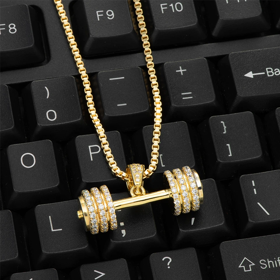 VANAXIN Iced Out Barbell Dumbbell Pendant Men's Hip Hop Fitness Bodybuilding Necklace Women's Gym Casual Sports Jewelry
