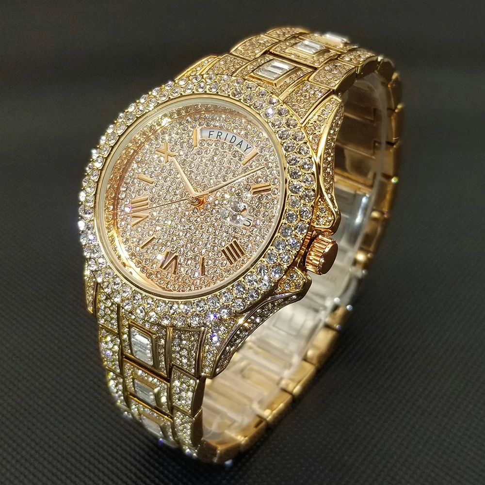 Full Iced Out Watch For Men Luxury Gold Hip Hop Diamond Quartz Mens Watches Waterproof Day Date Clock Best Selling Product 2023