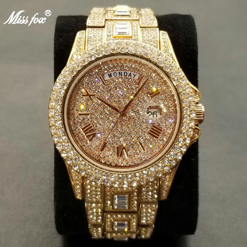 Full Iced Out Watch For Men Luxury Gold Hip Hop Diamond Quartz Mens Watches Waterproof Day Date Clock Best Selling Product 2023