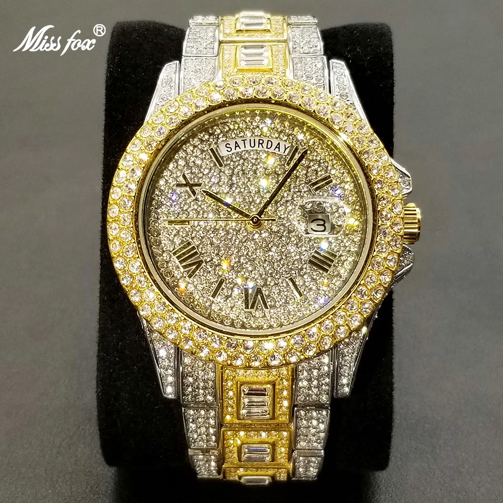 Full Iced Out Watch For Men Luxury Gold Hip Hop Diamond Quartz Mens Watches Waterproof Day Date Clock Best Selling Product 2023