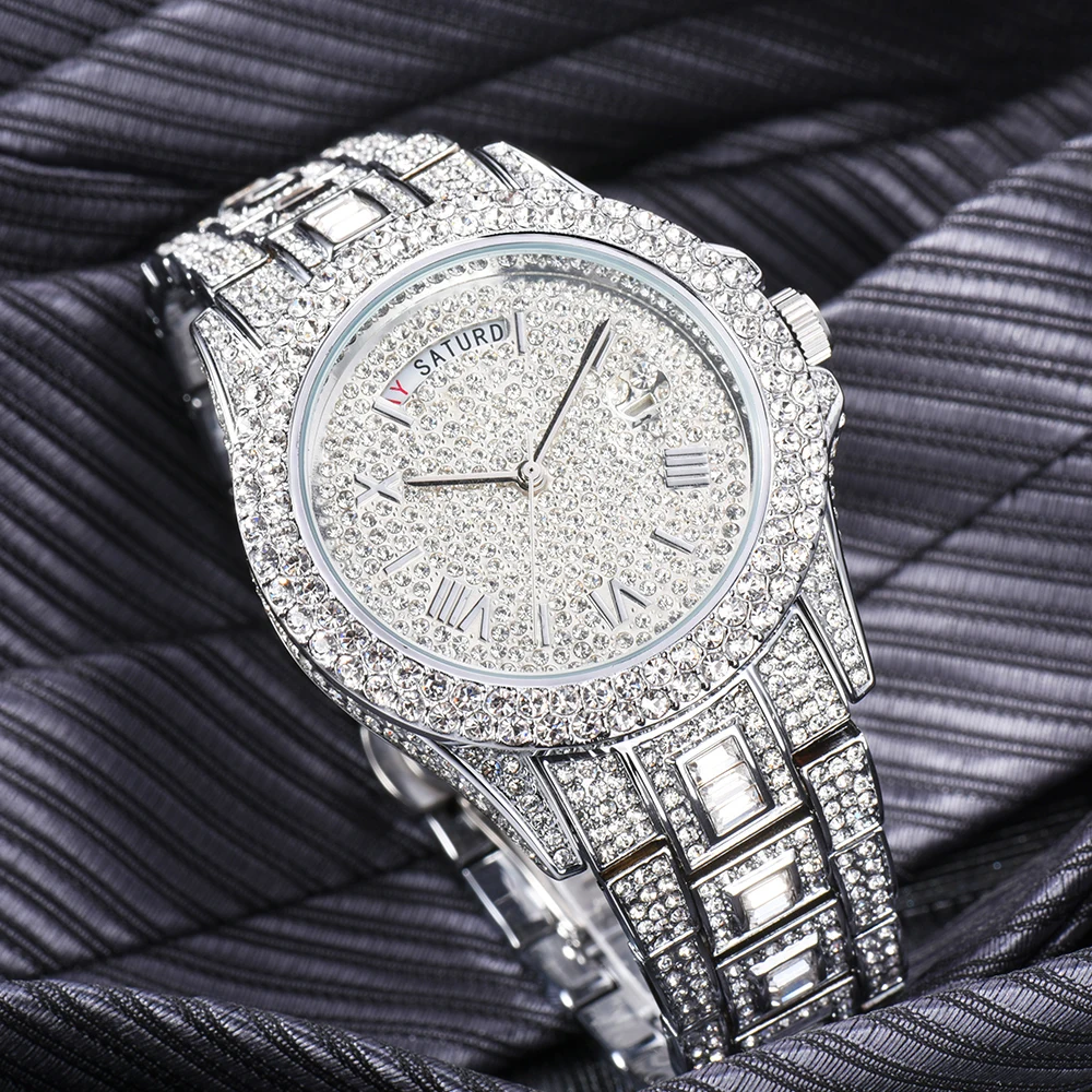 Full Iced Out Watch For Men Luxury Gold Hip Hop Diamond Quartz Mens Watches Waterproof Day Date Clock Best Selling Product 2023