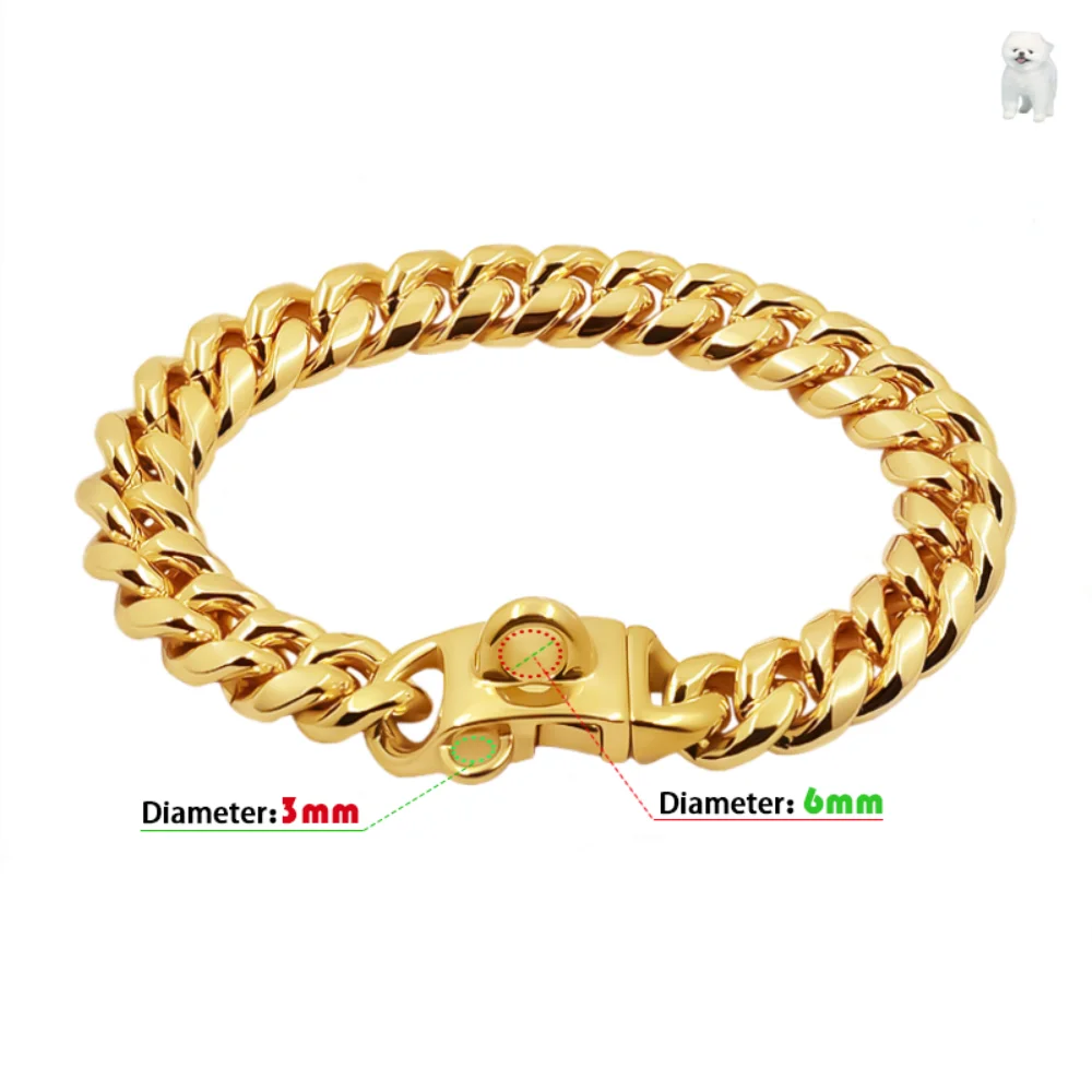 Metal Dog Collar Stainless Steel Pet Choker Gold Cuban Link Chain 14mm Wide Lead for Small Medium Large Dogs Pet Accessories