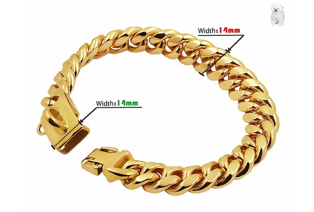 Metal Dog Collar Stainless Steel Pet Choker Gold Cuban Link Chain 14mm Wide Lead for Small Medium Large Dogs Pet Accessories