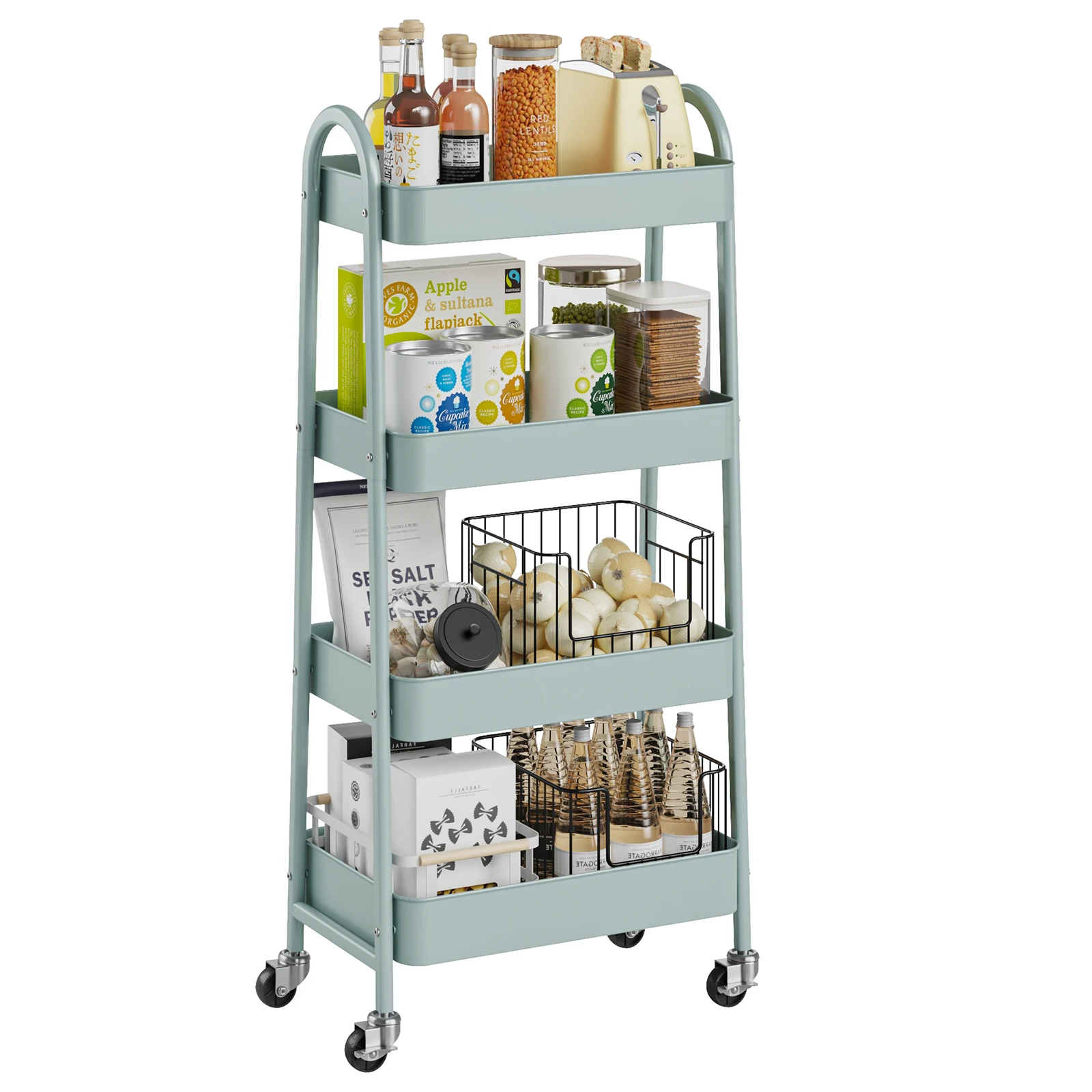 MCQ 4 Tiers Mobile Metal Frame Kitchen Cart Rolling Storage Shelf with Lockable Caster Wheels Organization Utility Cart for Livingroom Kitchen Narrow Places 