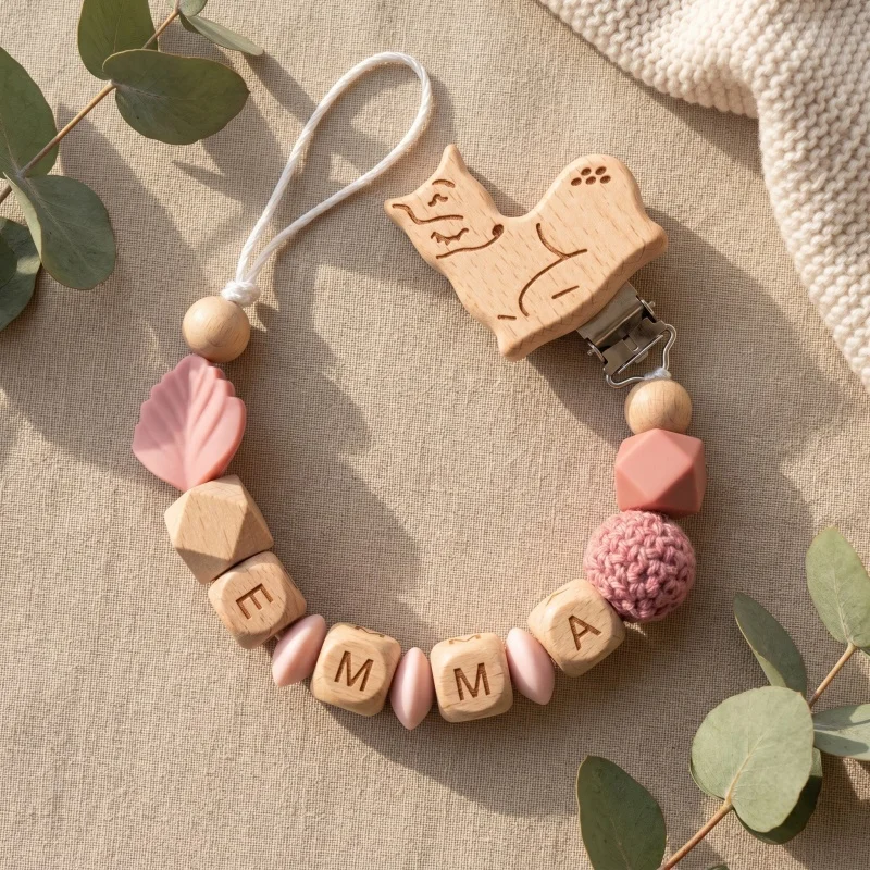 Personalized Pacifier Clip Custom Name Silicone Wooden Beads Baby Teether Chain Soother Holder BPA Free Newborn Baby Shower Gift