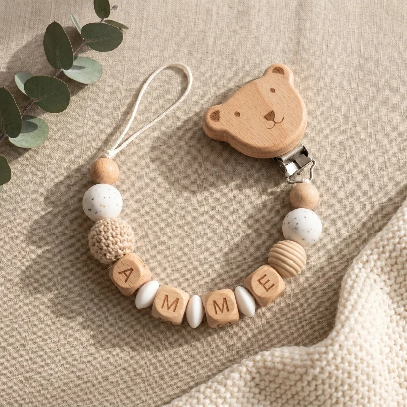 Personalized Pacifier Clip Custom Name Silicone Wooden Beads Baby Teether Chain Soother Holder BPA Free Newborn Baby Shower Gift