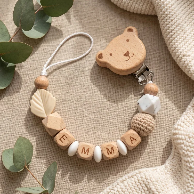 Personalized Pacifier Clip Custom Name Silicone Wooden Beads Baby Teether Chain Soother Holder BPA Free Newborn Baby Shower Gift