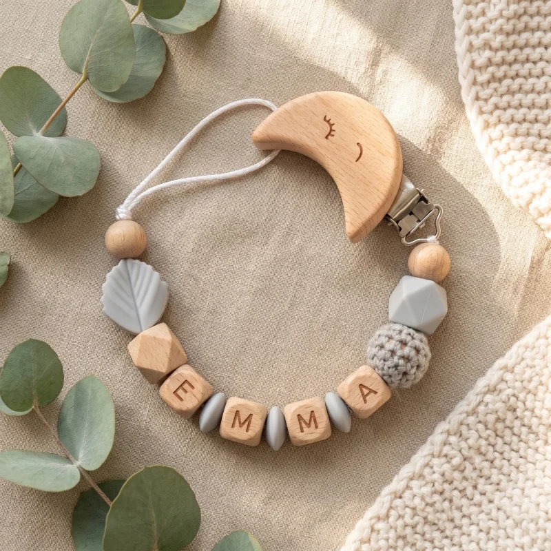 Personalized Pacifier Clip Custom Name Silicone Wooden Beads Baby Teether Chain Soother Holder BPA Free Newborn Baby Shower Gift